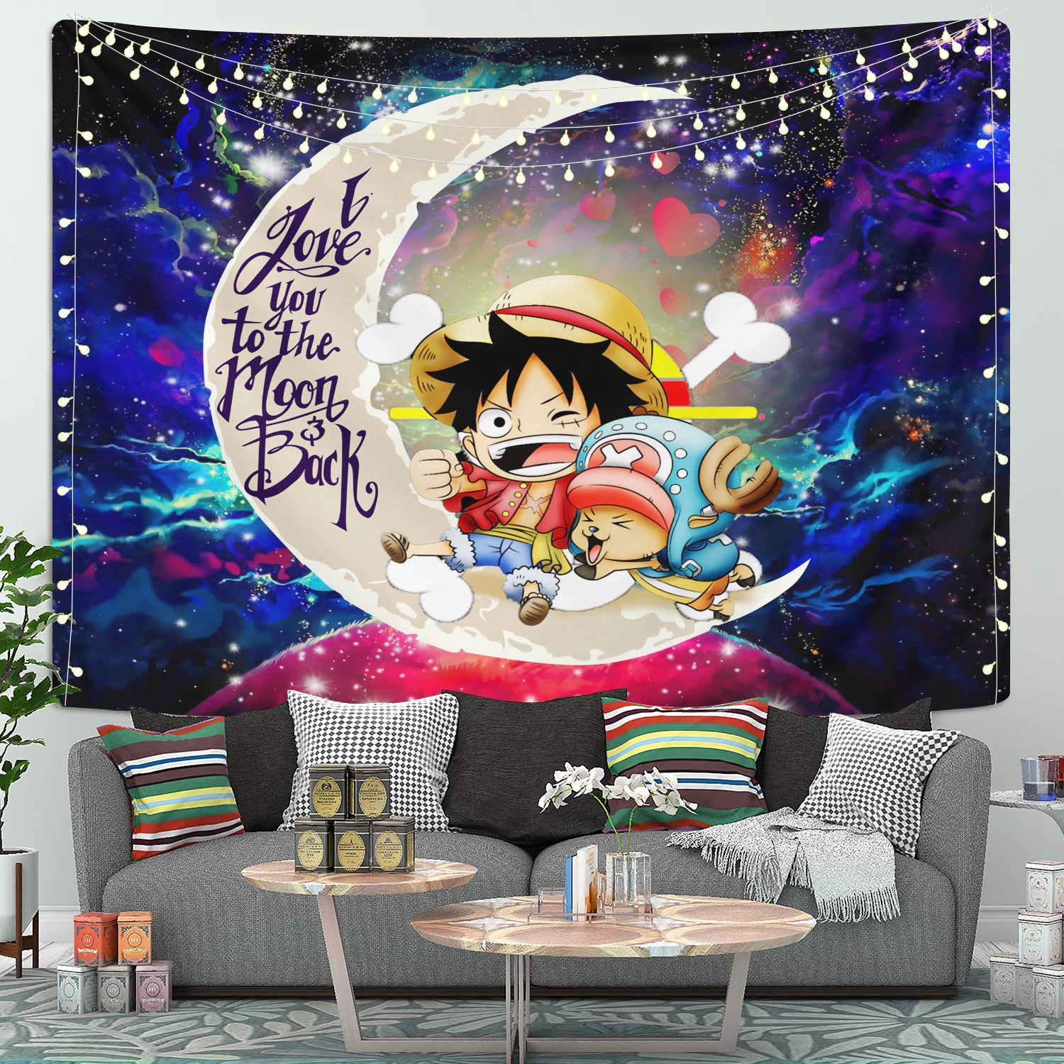 Chibi Luffy And Chopper One Piece Anime Love You To The Moon Galaxy Tapestry Room Decor Nearkii