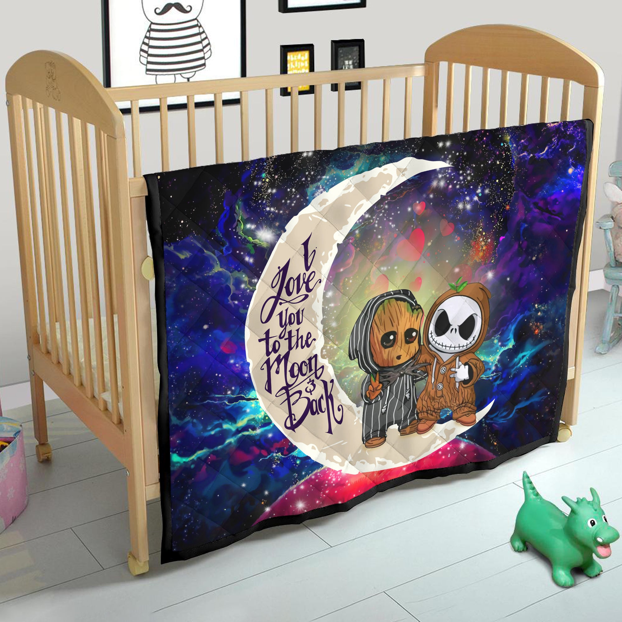 Cute Baby Groot And Jack Nightmare Before Christmas Love You To The Moon Galaxy Quilt Blanket Nearkii