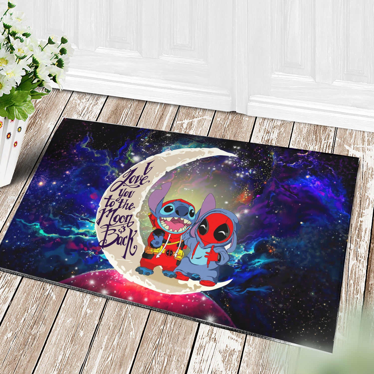 Cute Deadpool And Stitch Love You To The Moon Galaxy Doormat Home Decor Nearkii