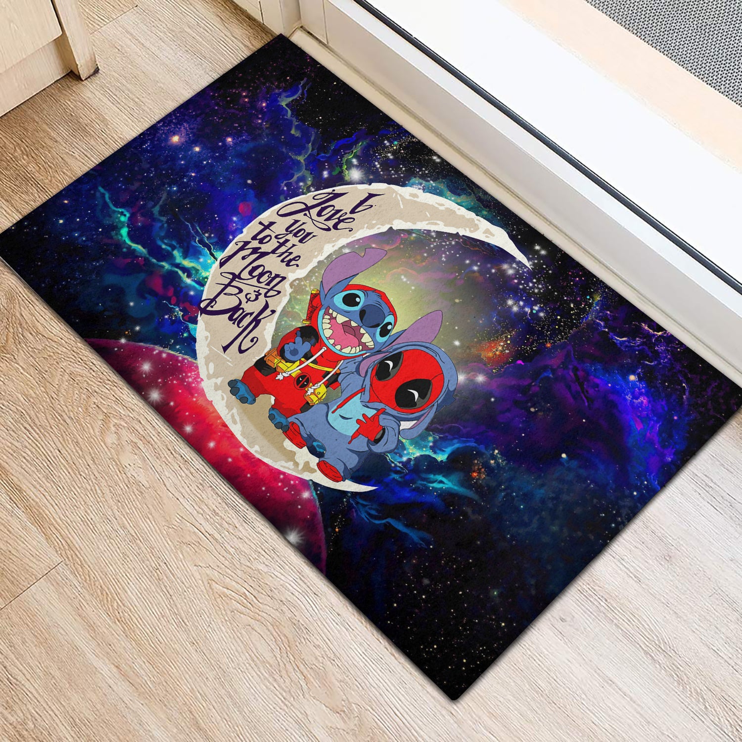 Cute Deadpool And Stitch Love You To The Moon Galaxy Doormat Home Decor Nearkii