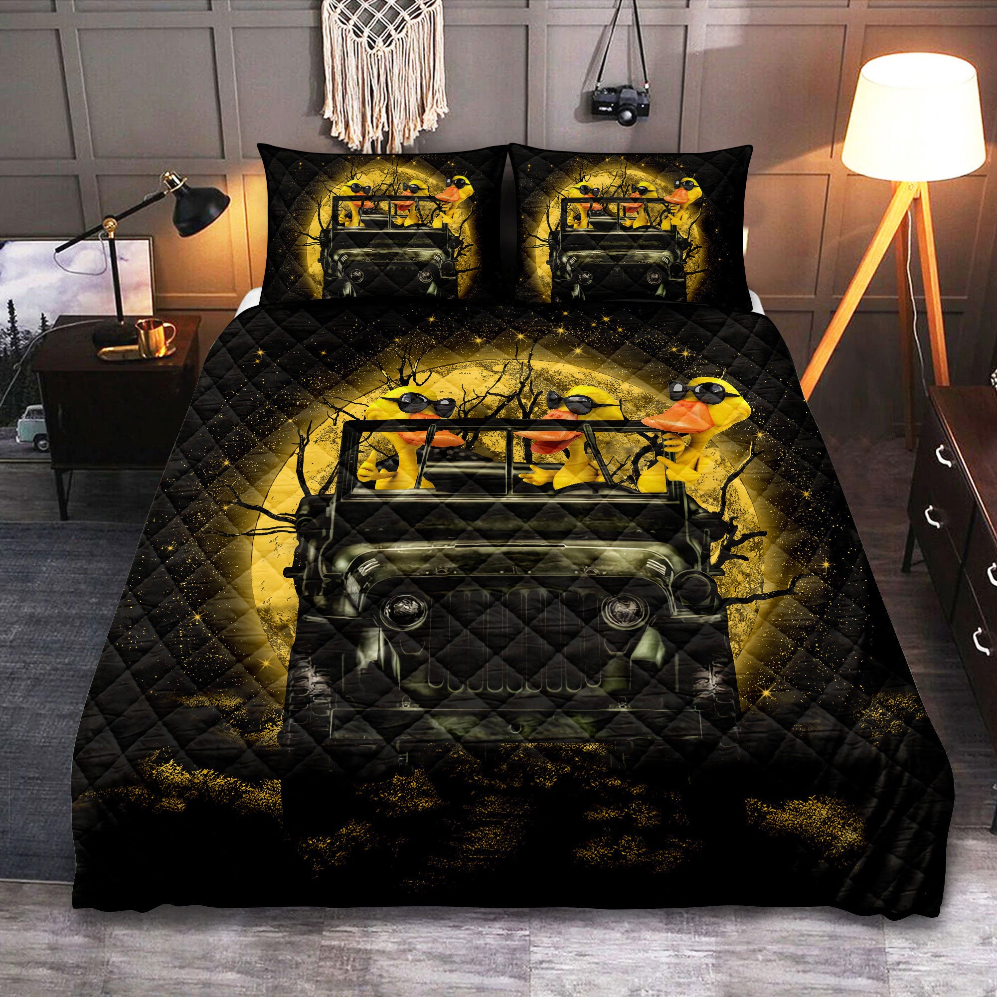 Funny Ducks Drive Jeep Funny Anime Moonlight Halloween Quilt Bed Sets Nearkii