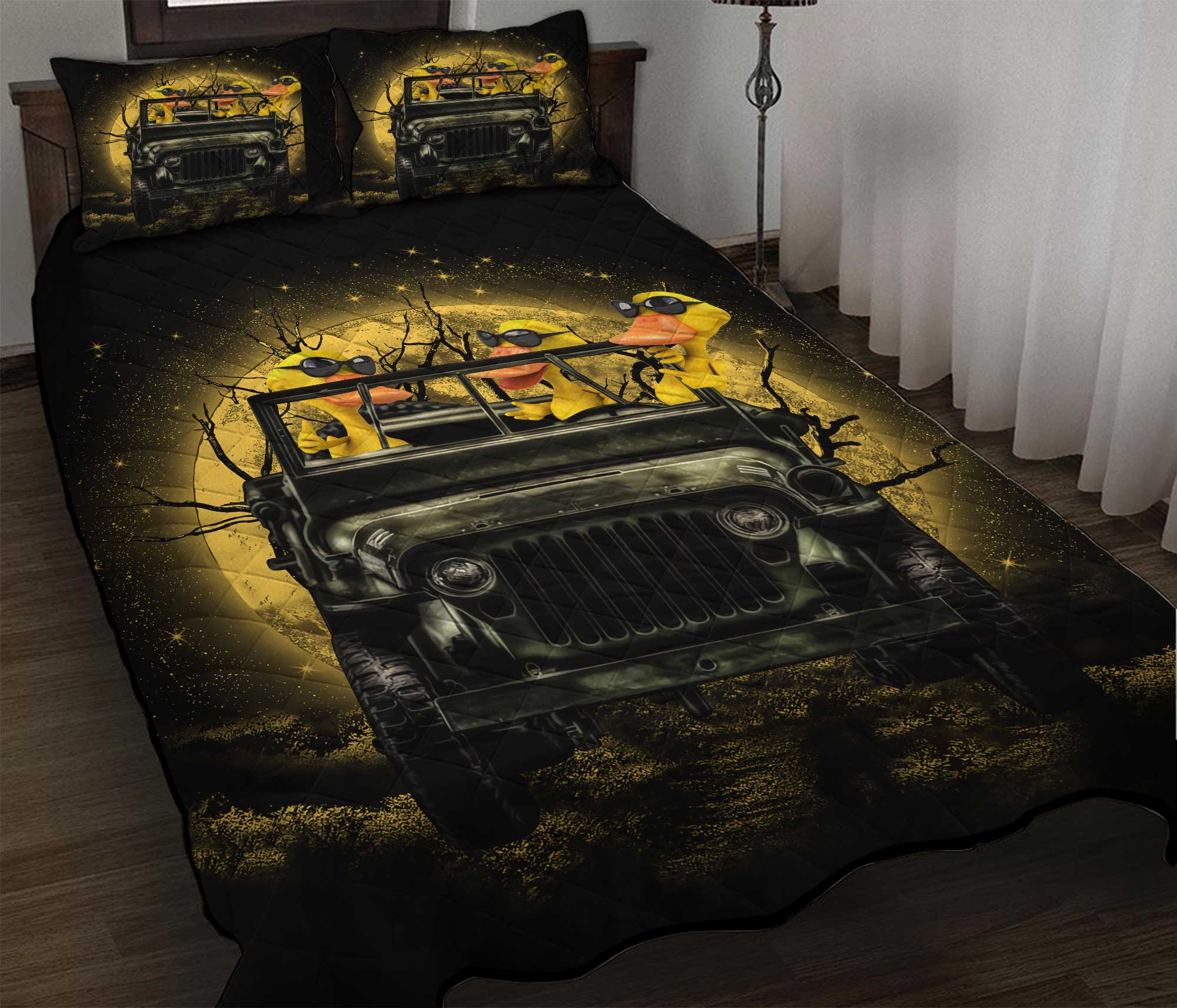 Funny Ducks Drive Jeep Funny Anime Moonlight Halloween Quilt Bed Sets Nearkii