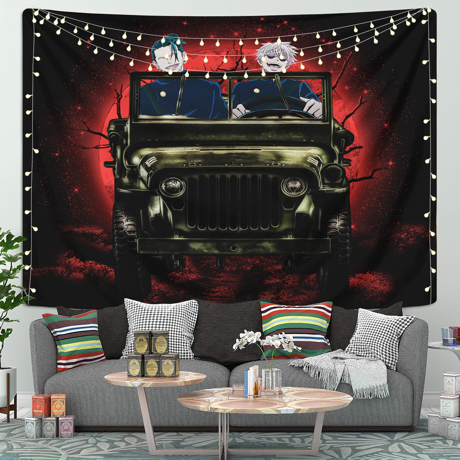 Gojo Geto Jujutsu Kaisen Ride Jeep Moonlight Halloween Funny Tapestry Room Decor Nearkii