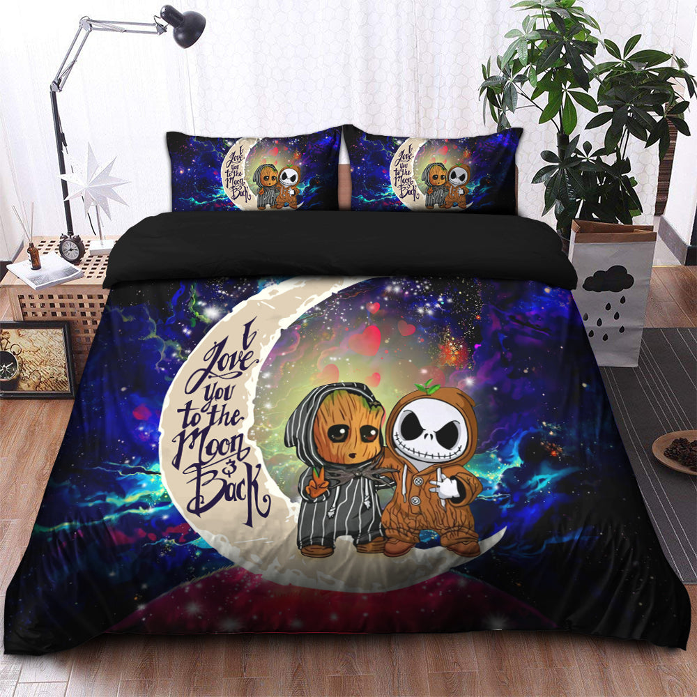 Cute Baby Groot And Jack Nightmare Before Christmas Love You To The Moon Galaxy Bedding Set Duvet Cover And 2 Pillowcases Nearkii