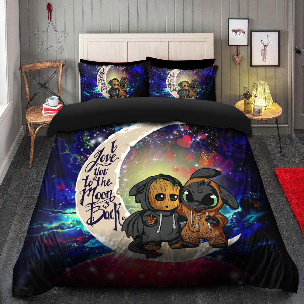 Groot And Toothless Love You To The Moon Galaxy Bedding Set Duvet Cover And 2 Pillowcases Nearkii
