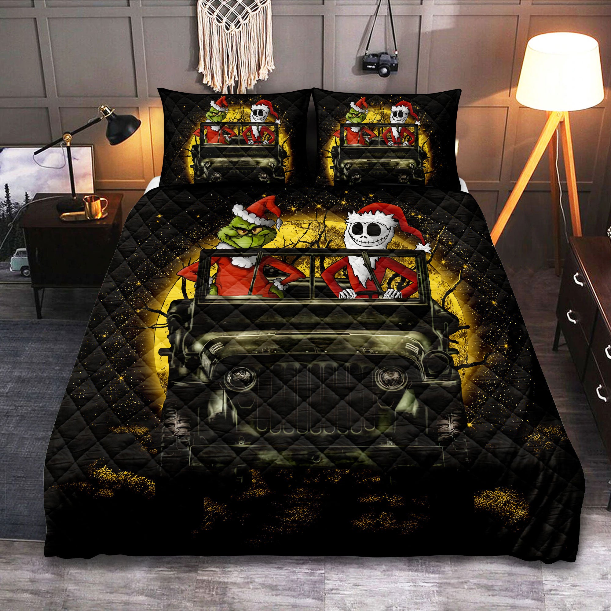Jack Nightmare Before Christmas And Grinch Ride Jeep Moonlight Hallowwen Quilt Bed Sets Nearkii