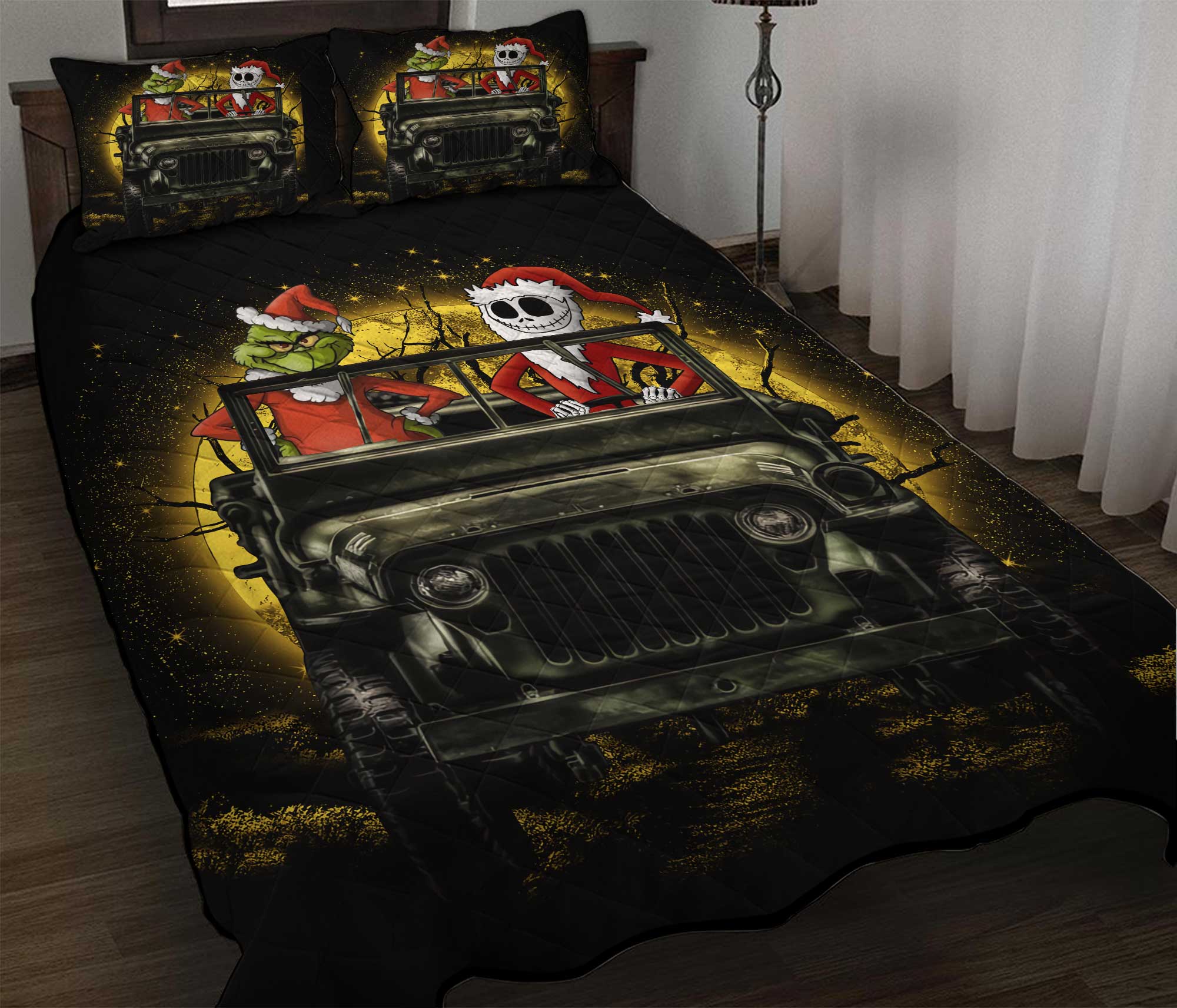 Jack Nightmare Before Christmas And Grinch Ride Jeep Moonlight Hallowwen Quilt Bed Sets Nearkii