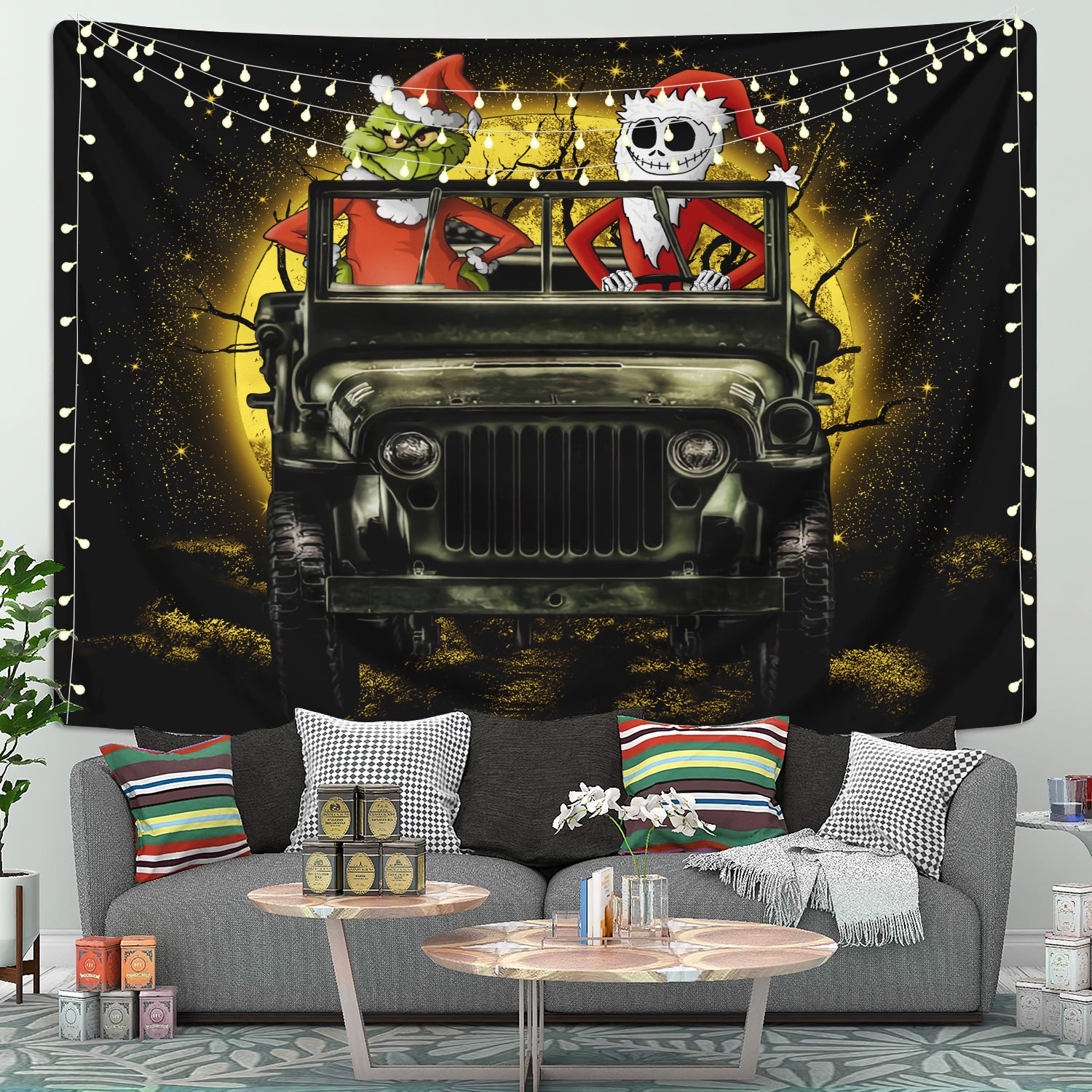 Jack Nightmare Before Christmas And Grinch Ride Jeep Moonlight Hallowwen Tapestry Room Decor Nearkii