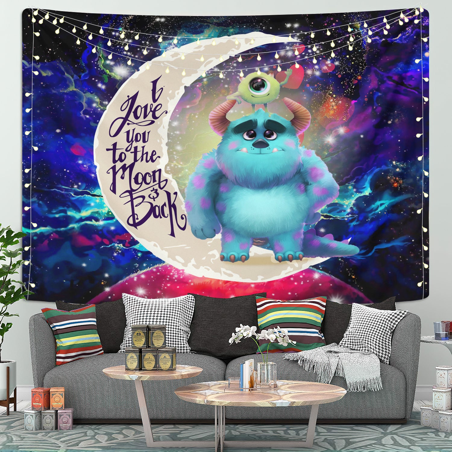 Monster Inc Sully And Mike Love You To The Moon Galaxy Tapestry Room Decor Nearkii