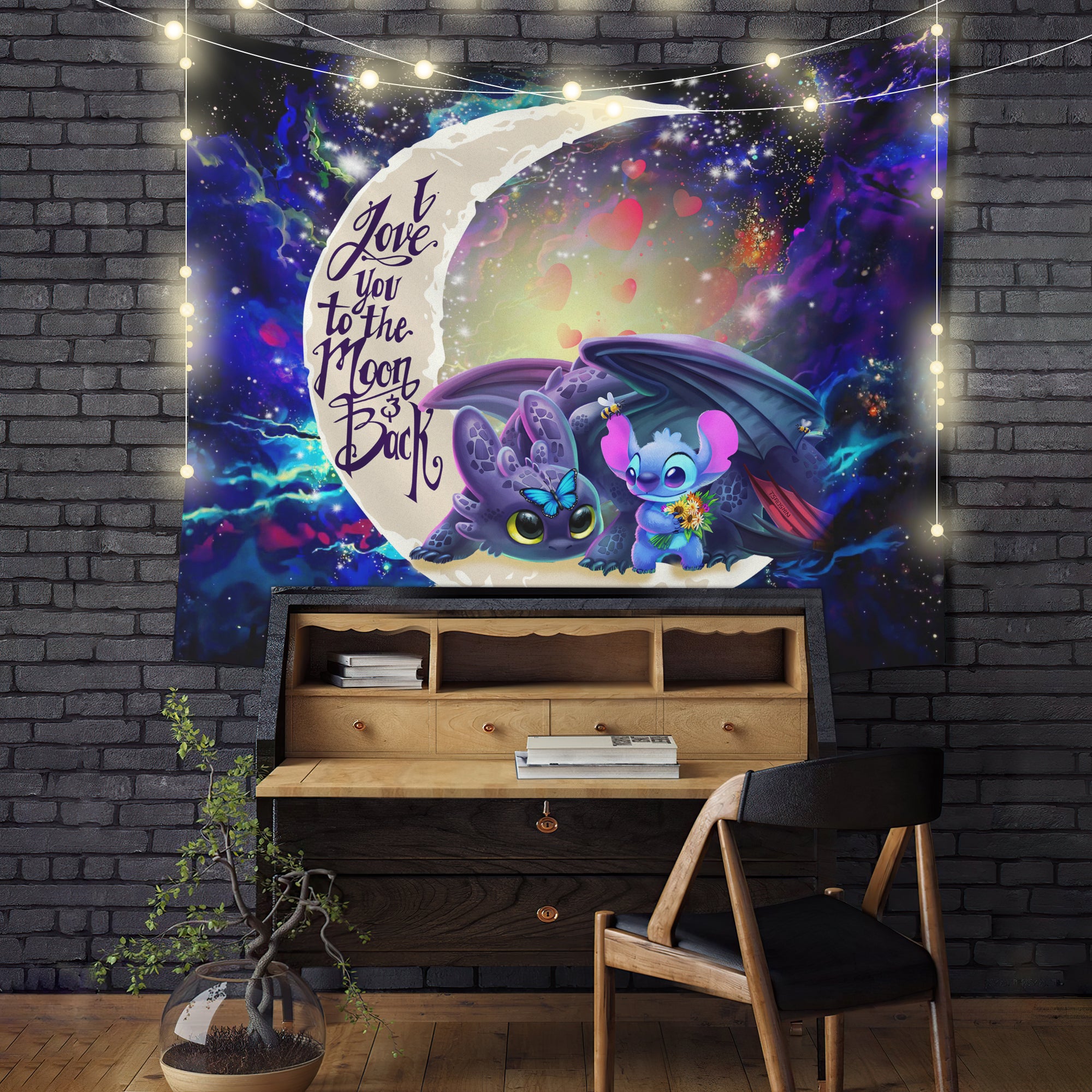 Stitch And Toothless Love You To The Moon Galaxy Tapestry Room Decor Nearkii