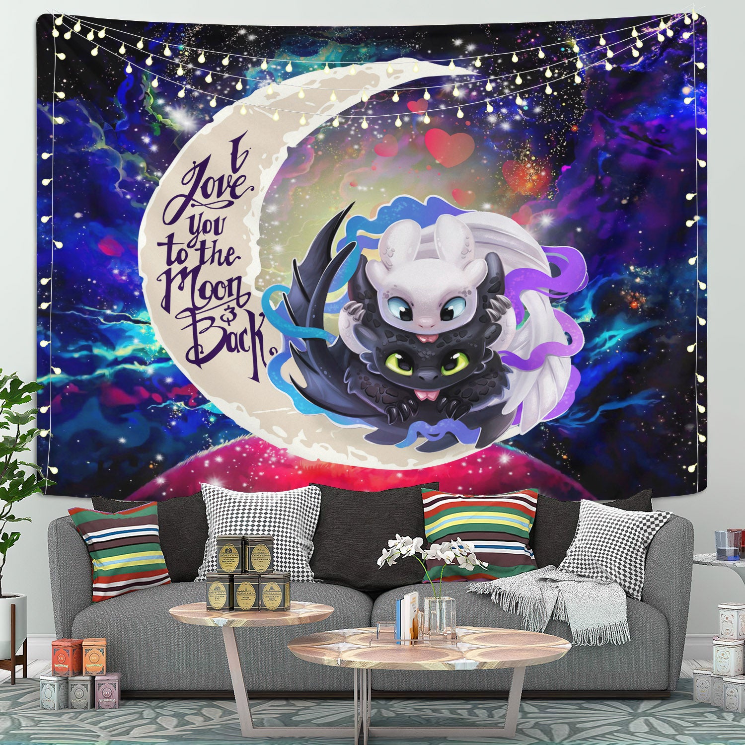 Toothless And Light Fury How To Train Your Dragon Love You To The Moon Galaxy Tapestry Room Decor Nearkii