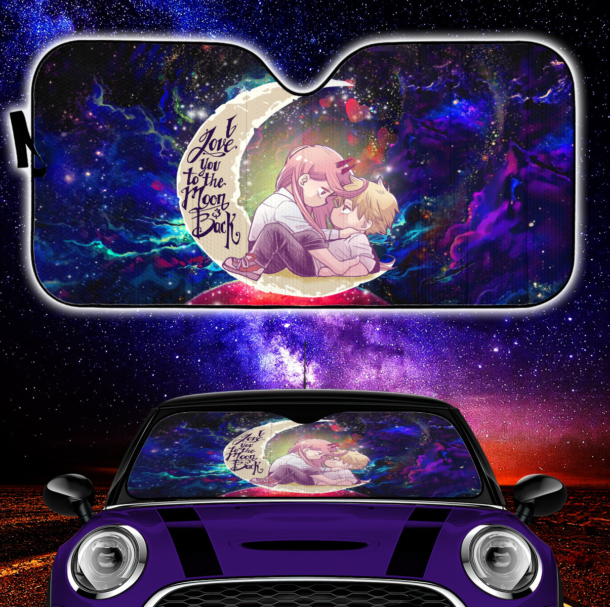 Chainsaw Man Denji x Power Love You To The Moon Galaxy Car Auto Sunshades Nearkii