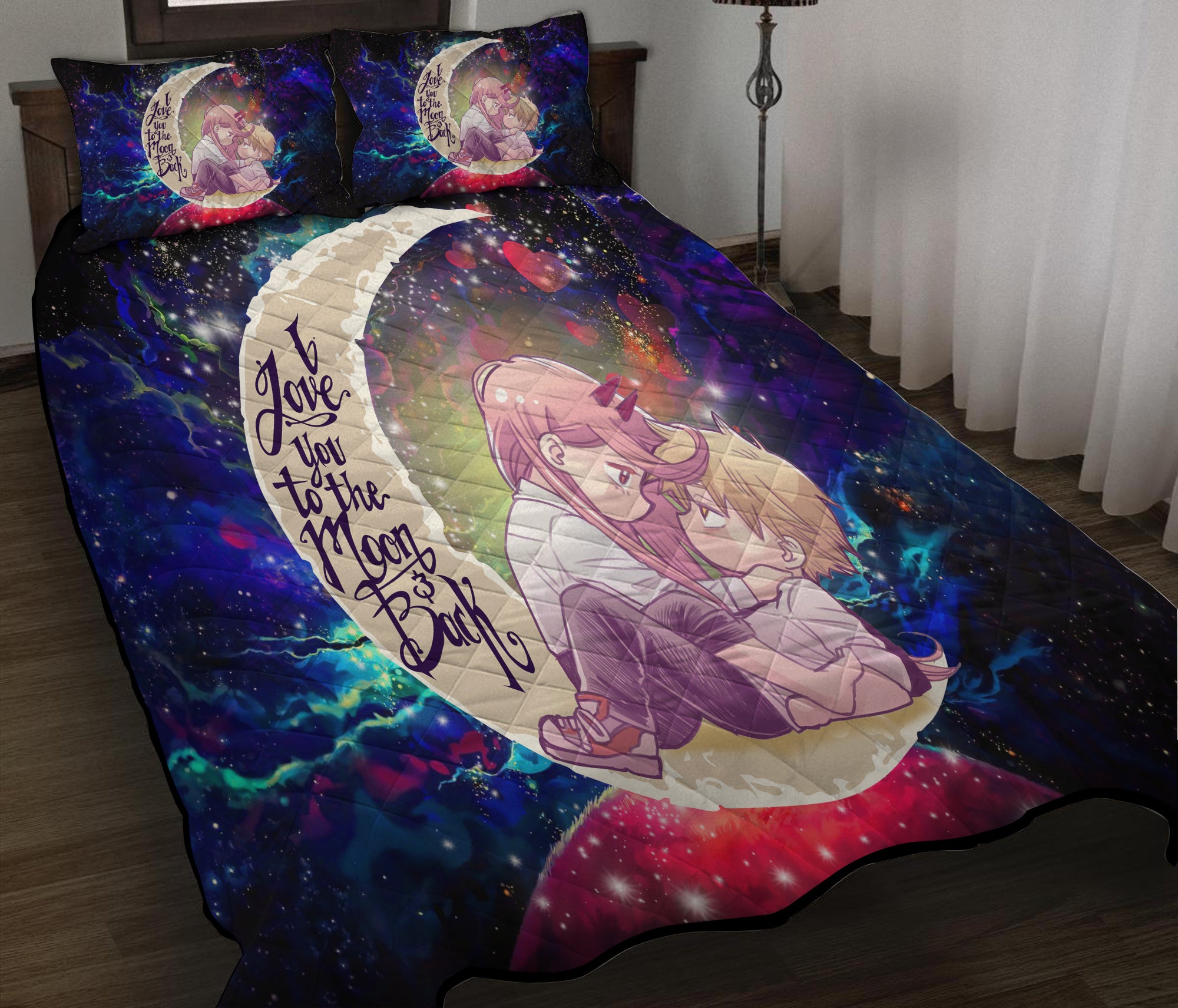 Chainsaw Man Denji x Power Love You To The Moon Galaxy Quilt Bed Sets Nearkii