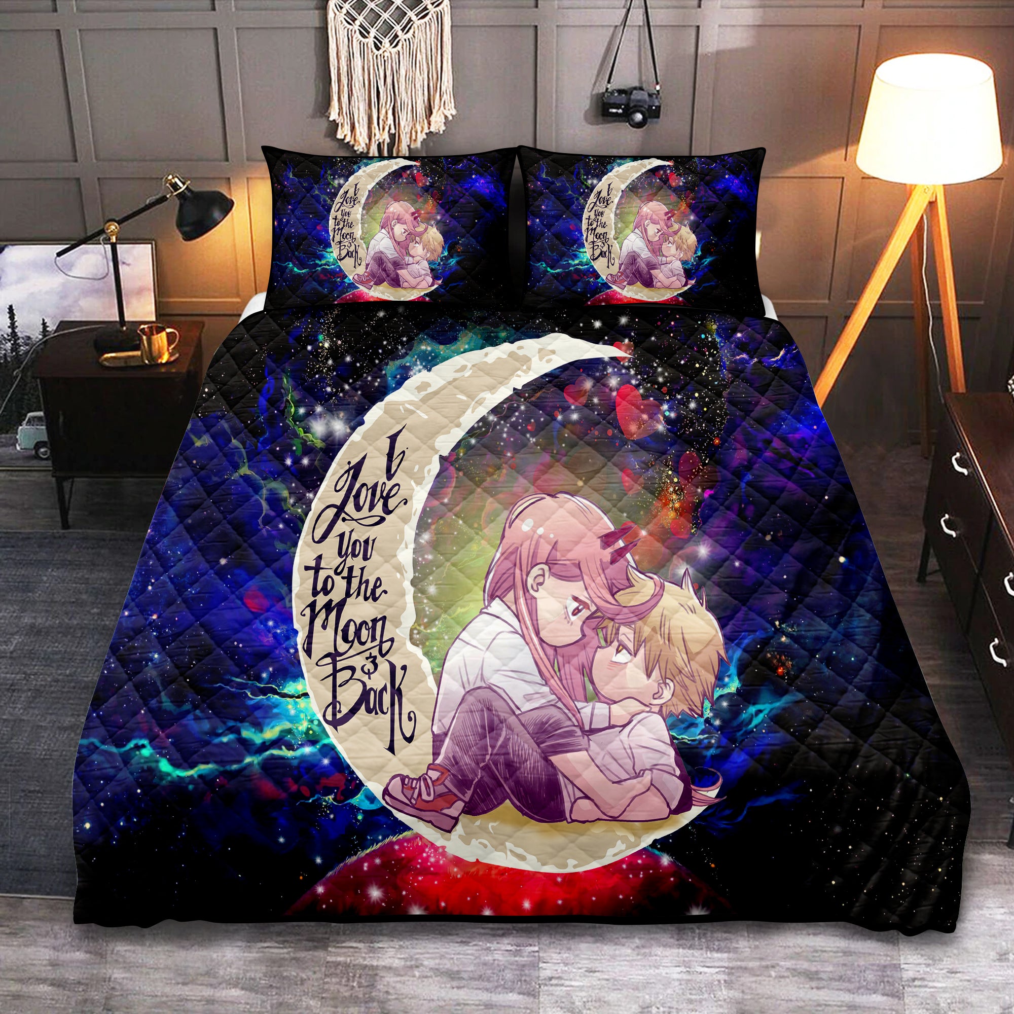 Chainsaw Man Denji x Power Love You To The Moon Galaxy Quilt Bed Sets Nearkii