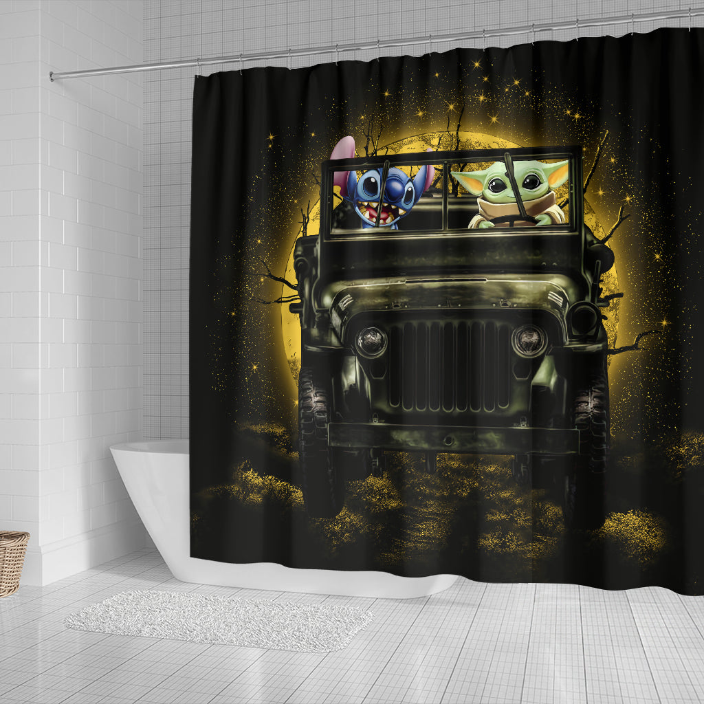 Stitch And Baby Yoda Ride Jeep Moonlight Halloween Funny Shower Curtain Nearkii