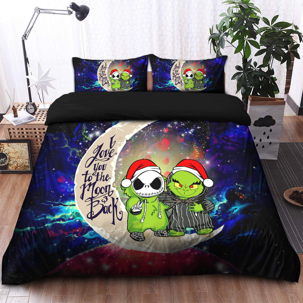 Grinch And Jack Nightmare Before Christmas Love You To The Moon Galaxy Bedding Set Duvet Cover And 2 Pillowcases Nearkii