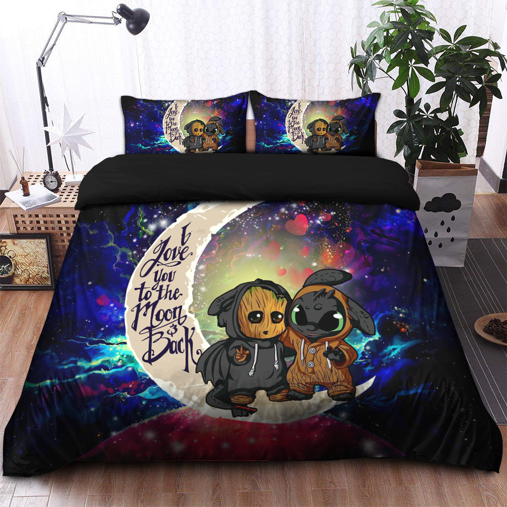 Groot And Toothless Love You To The Moon Galaxy Bedding Set Duvet Cover And 2 Pillowcases Nearkii