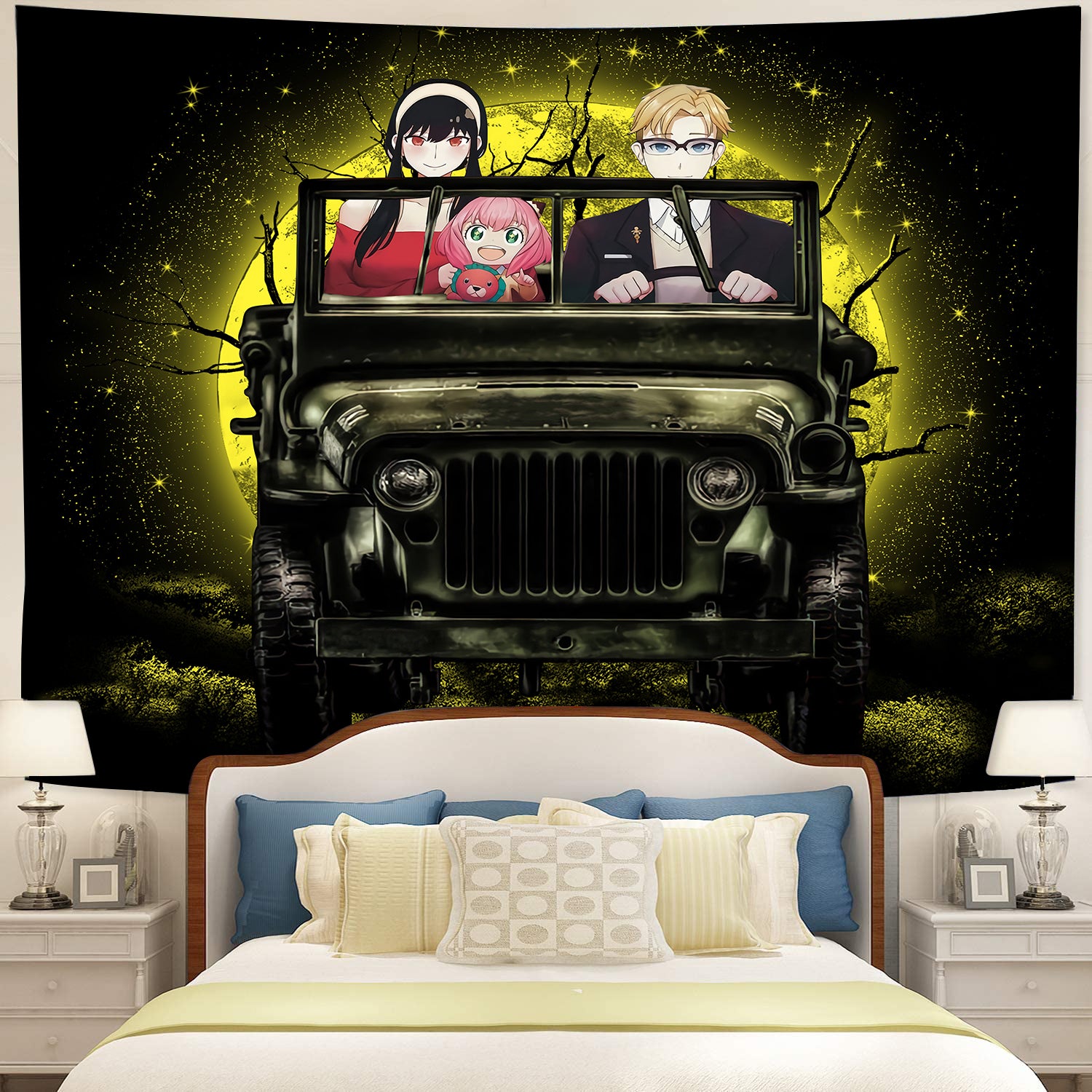 Spy x Family Yor And Anya Ride Moonlight Halloween Jeep Funny Tapestry Room Decor Nearkii