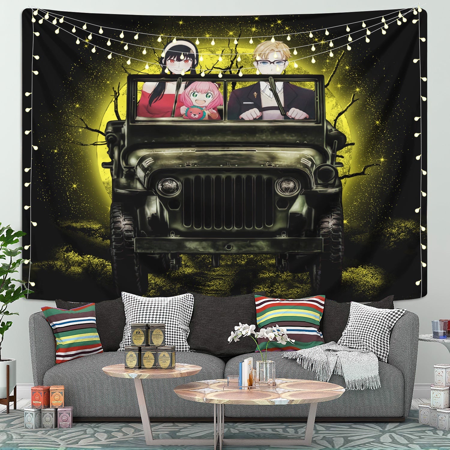 Spy x Family Yor And Anya Ride Moonlight Halloween Jeep Funny Tapestry Room Decor Nearkii