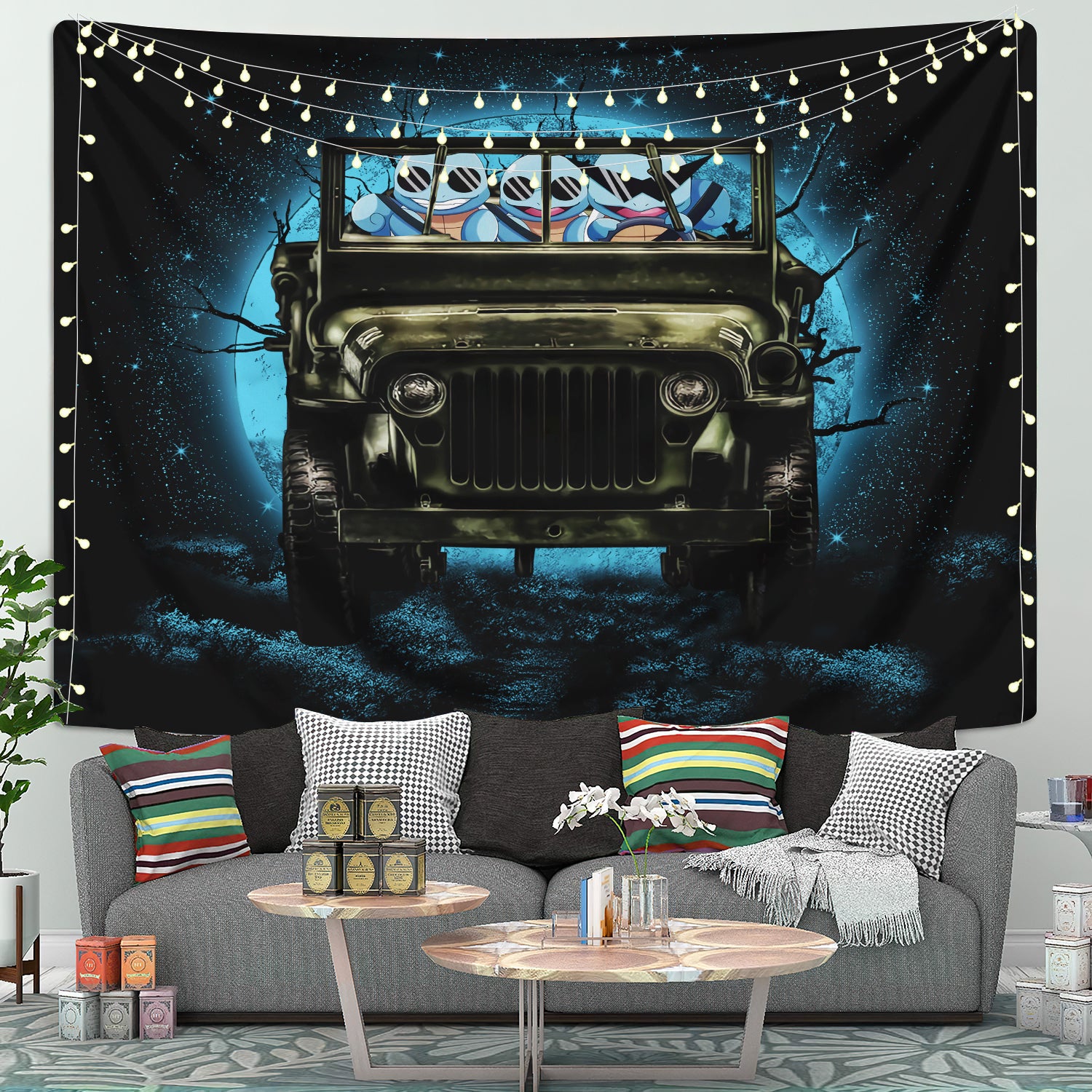 Squirtle Gangster Pokemon Moonlight Halloween Jeep Funny Tapestry Room Decor Nearkii