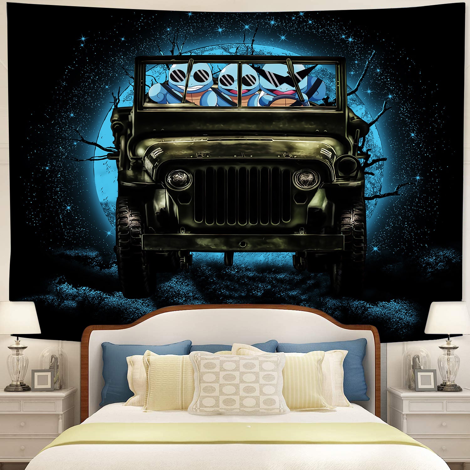 Squirtle Gangster Pokemon Moonlight Halloween Jeep Funny Tapestry Room Decor Nearkii
