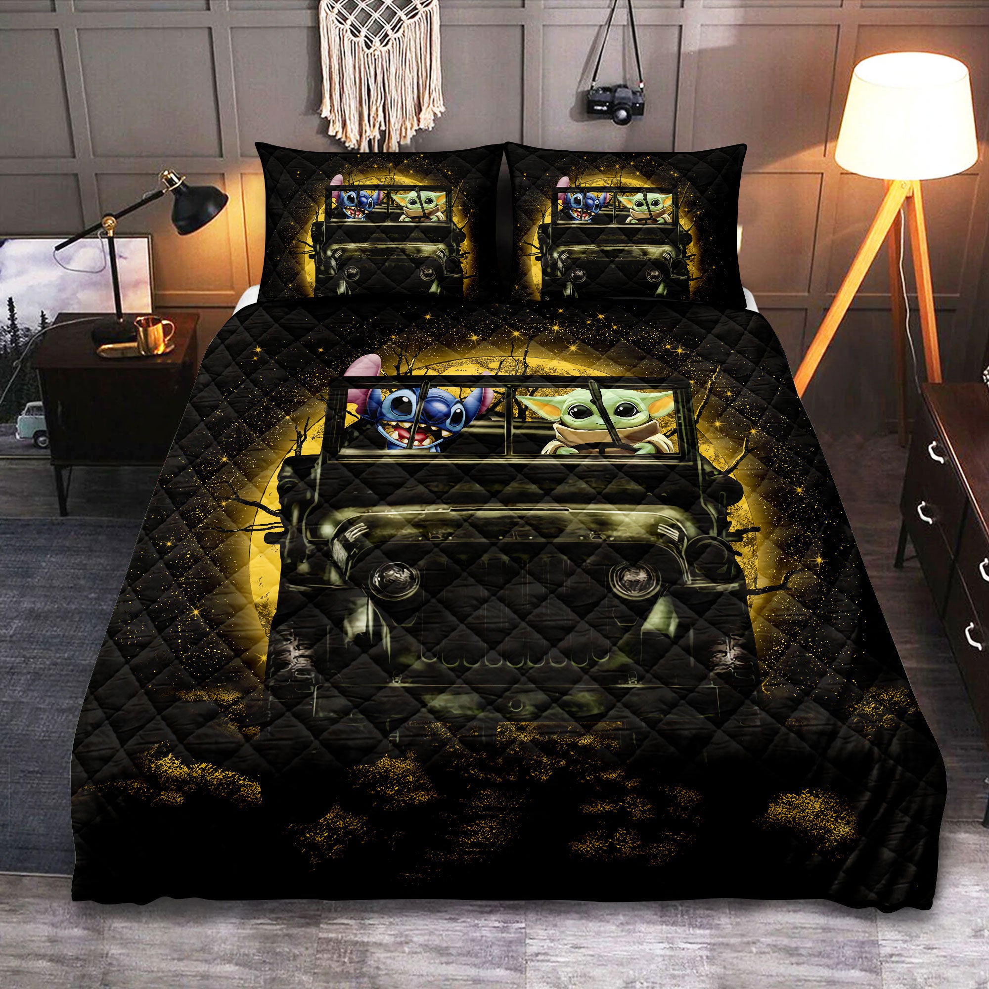 Stitch And Baby Yoda Ride Jeep Halloween Moonlight Quilt Bed Sets Nearkii