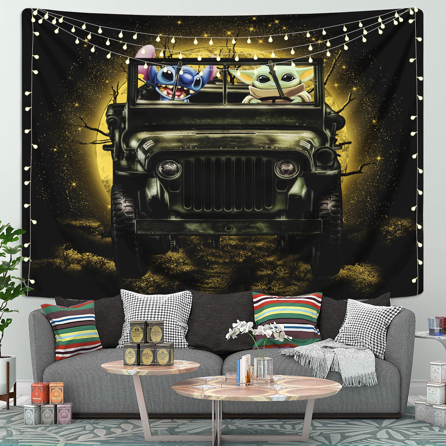 Stitch And Baby Yoda Ride Moonlight Halloween Jeep Funny Tapestry Room Decor Nearkii