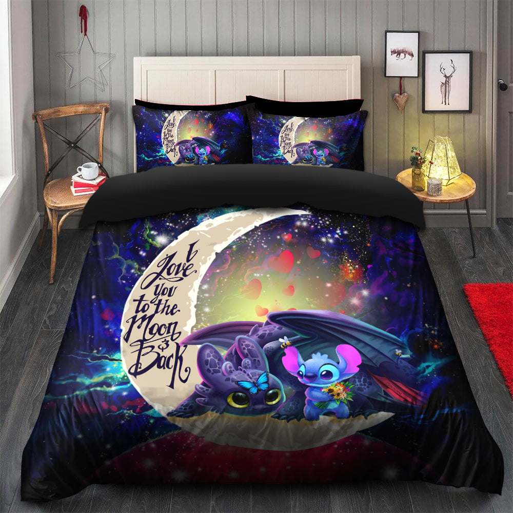 Stitch And Toothless Love You To The Moon Galaxy Bedding Set Duvet Cover And 2 Pillowcases Nearkii