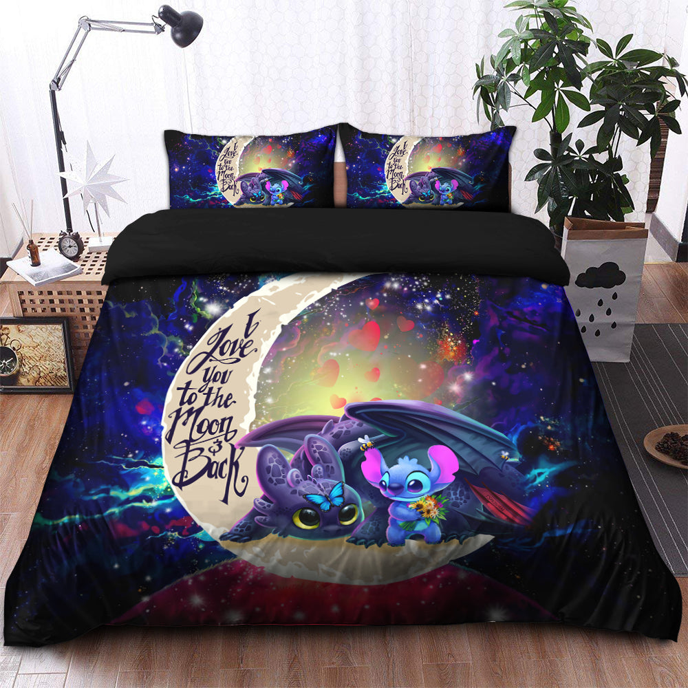 Stitch And Toothless Love You To The Moon Galaxy Bedding Set Duvet Cover And 2 Pillowcases Nearkii