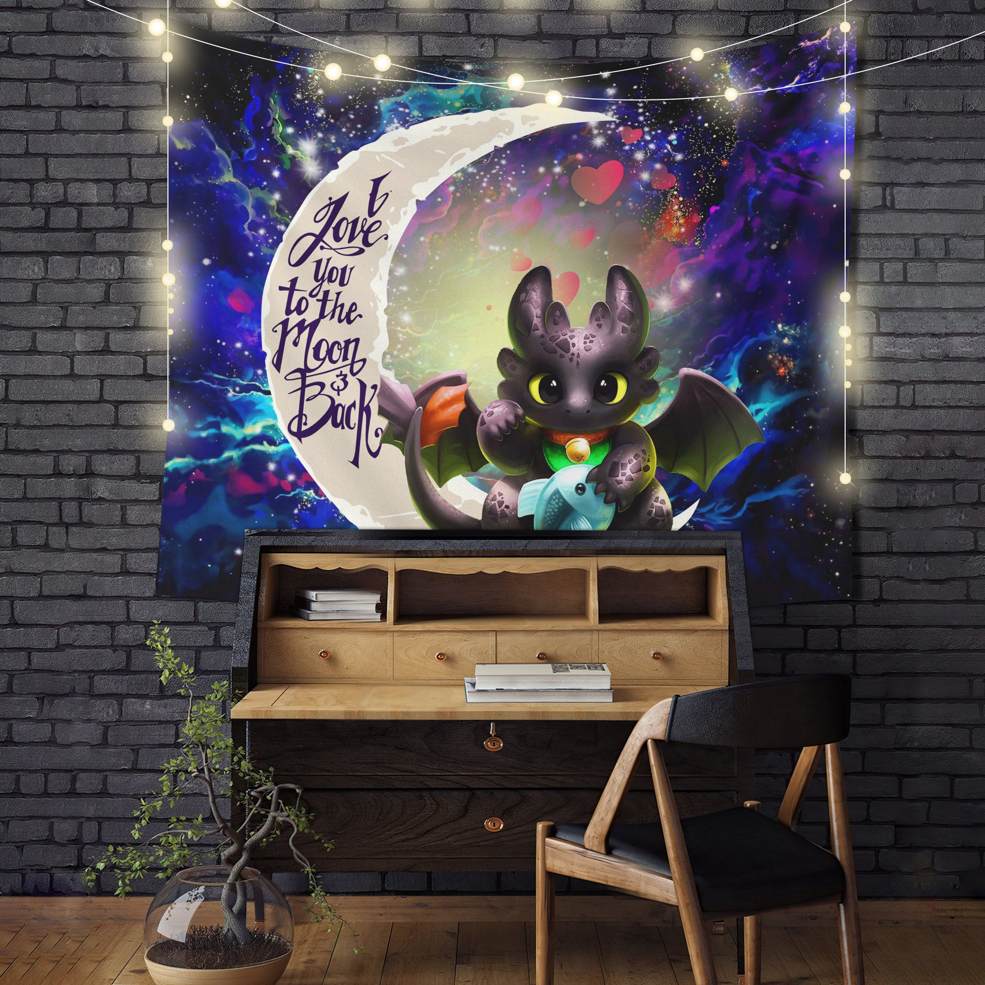 Toothless With Fish Love You To The Moon Galaxy Tapestry Room Decor Nearkii