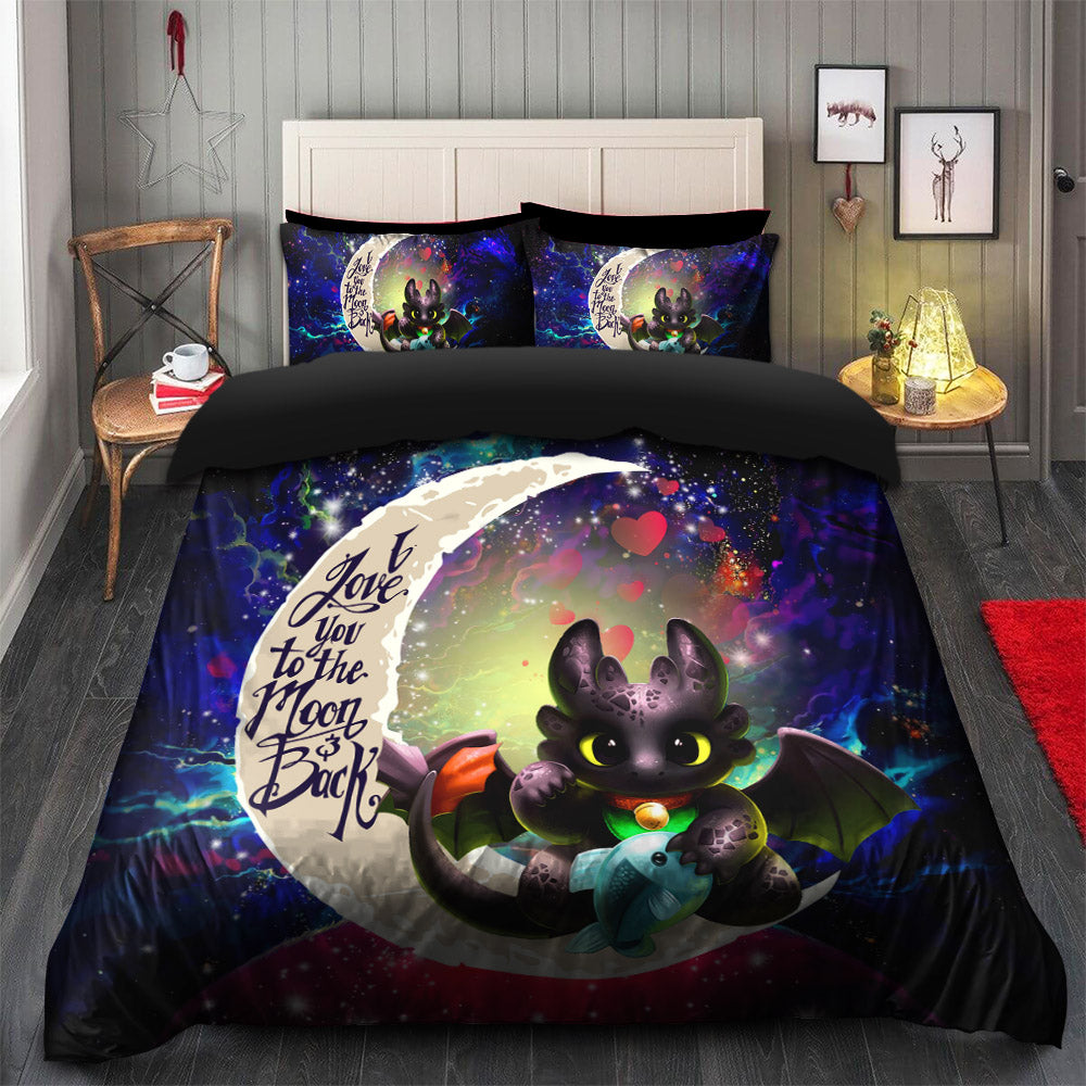 Toothless With Fish Love You To The Moon Galaxy Bedding Set Duvet Cover And 2 Pillowcases Nearkii