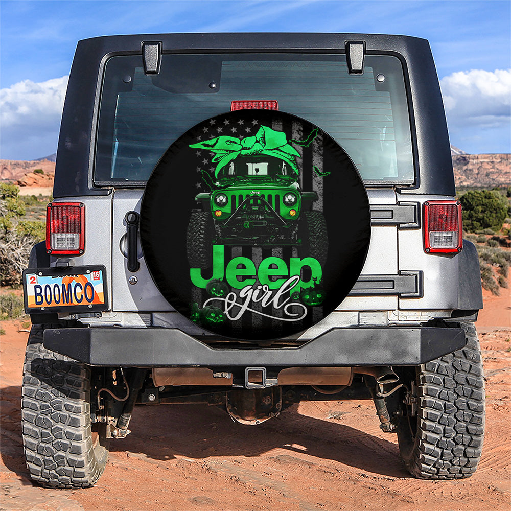 Halloween American Flag Dark Green Jeep Girl Car Spare Tire Covers Gift For Campers Nearkii