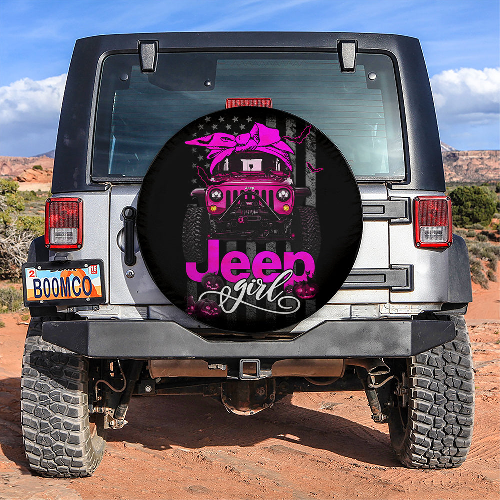 Halloween American Flag Dark Pink Jeep Girl Car Spare Tire Covers Gift For Campers Nearkii
