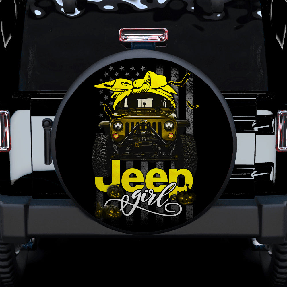 Halloween American Flag Yellow Jeep Girl Car Spare Tire Covers Gift For Campers Nearkii