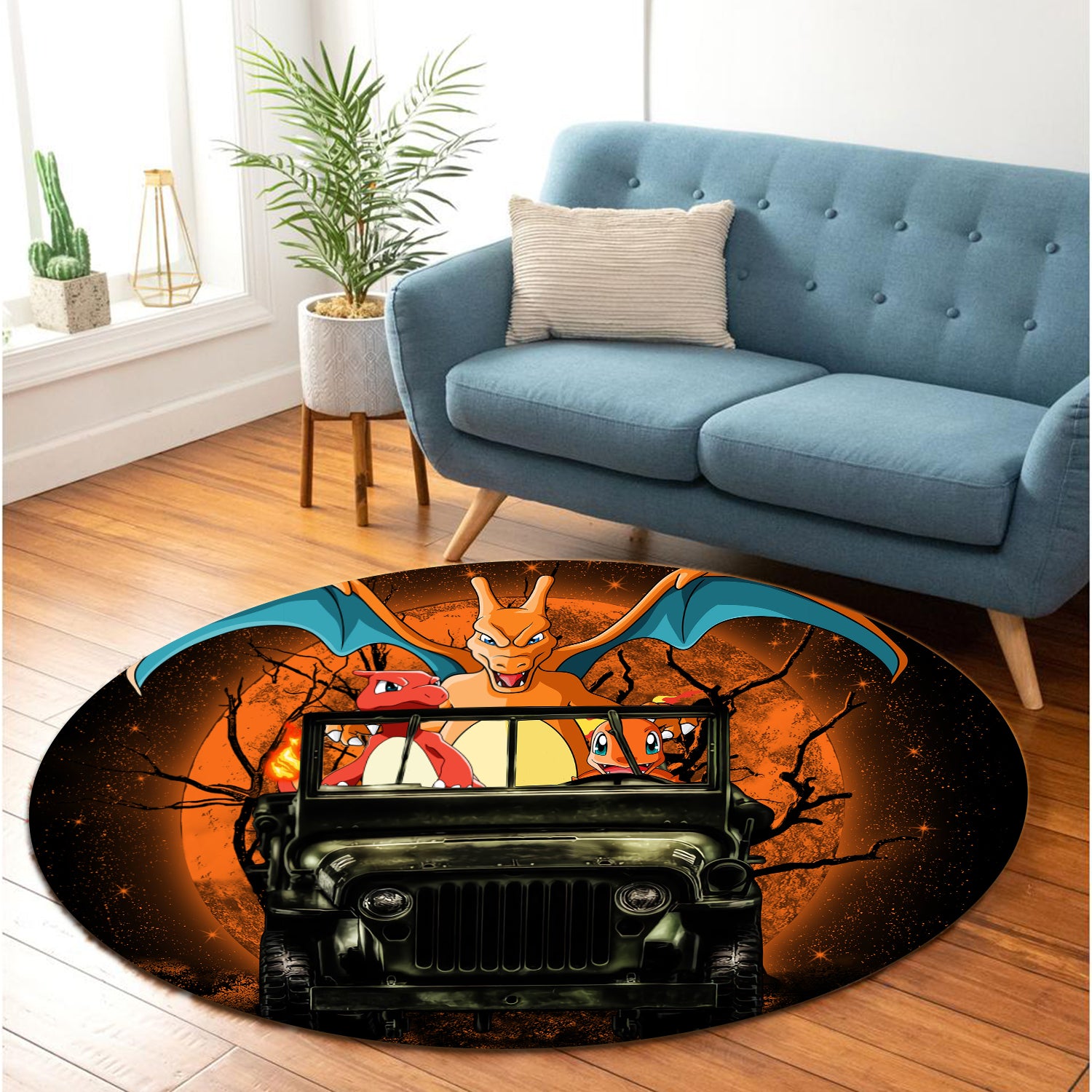 Charizard Charmender Drive Jeep Moonlight Halloween Round Carpet Rug Bedroom Livingroom Home Decor Nearkii