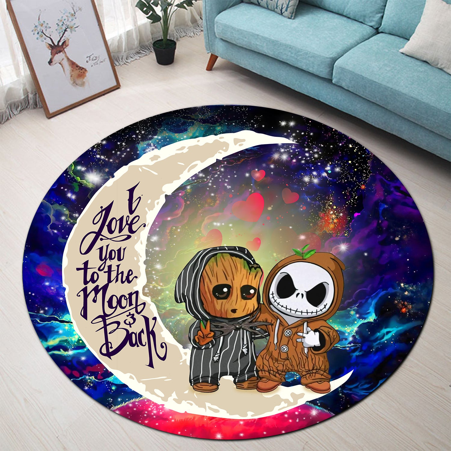 Cute Baby Groot And Jack Nightmare Before Christmas Love You To The Moon Galaxy Round Carpet Rug Bedroom Livingroom Home Decor Nearkii