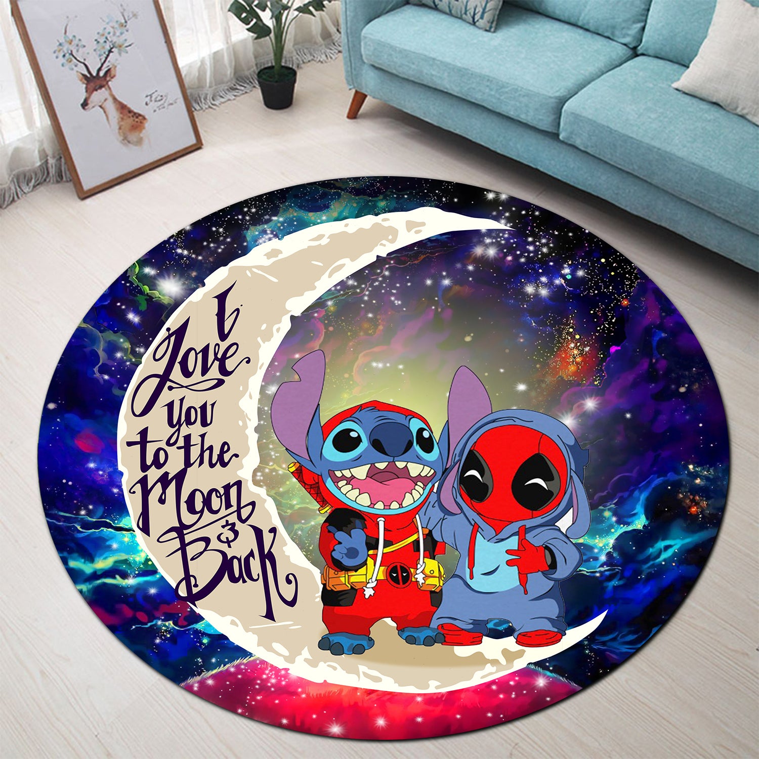 Cute Deadpool And Stitch Love You To The Moon Galaxy Round Carpet Rug Bedroom Livingroom Home Decor Nearkii