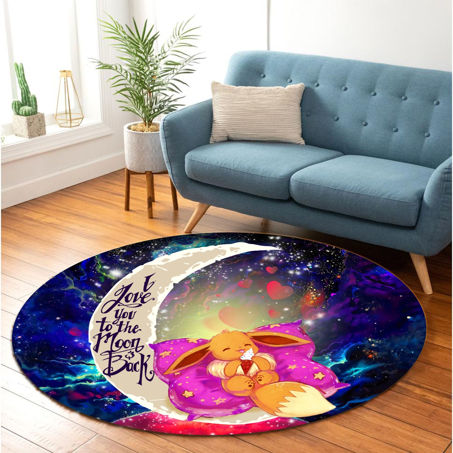 Cute Eevee Pokemon Sleep Night Love You To The Moon Galaxy Round Carpet Rug Bedroom Livingroom Home Decor Nearkii