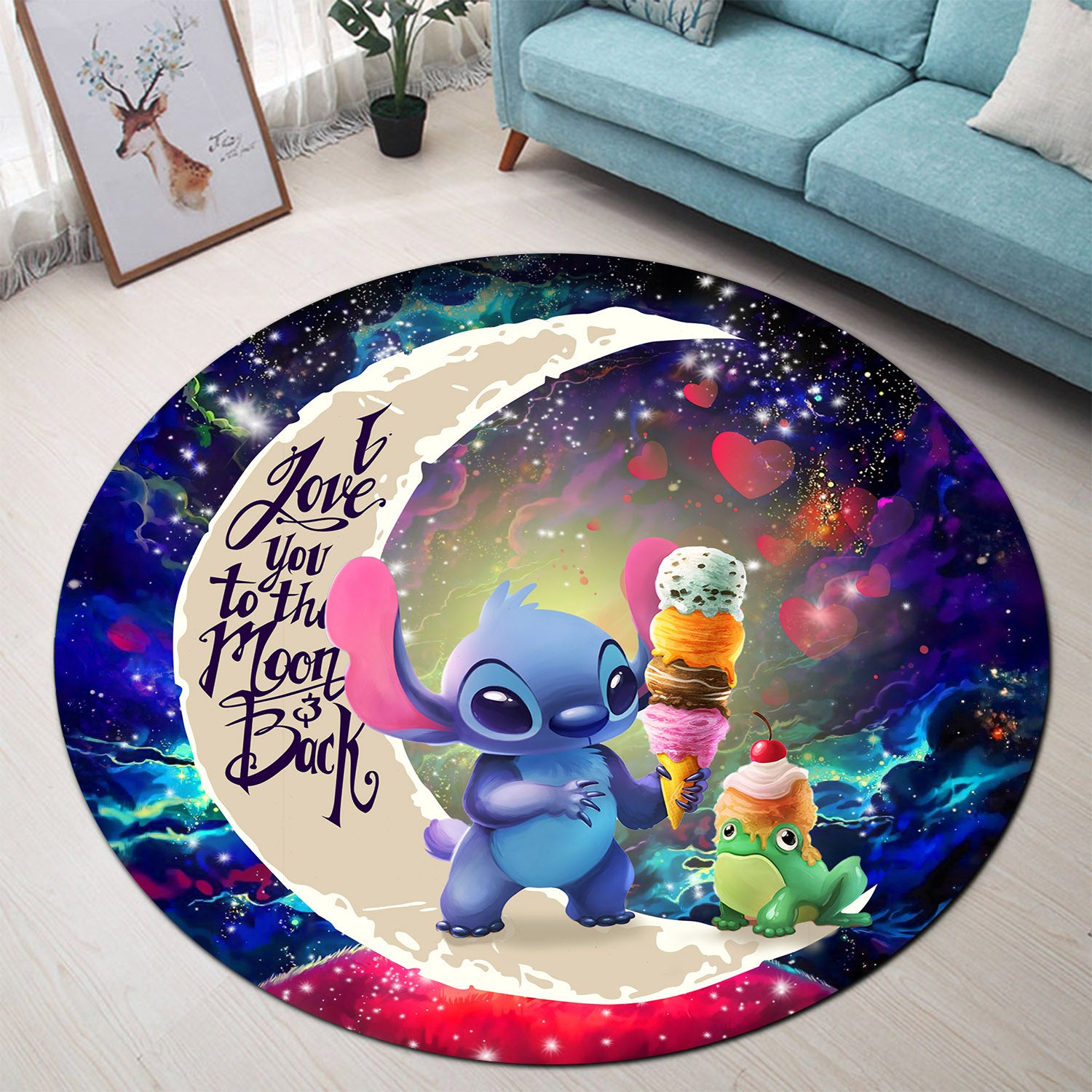 Cute Stitch Frog Icecream Love You To The Moon Galaxy Round Carpet Rug Bedroom Livingroom Home Decor Nearkii