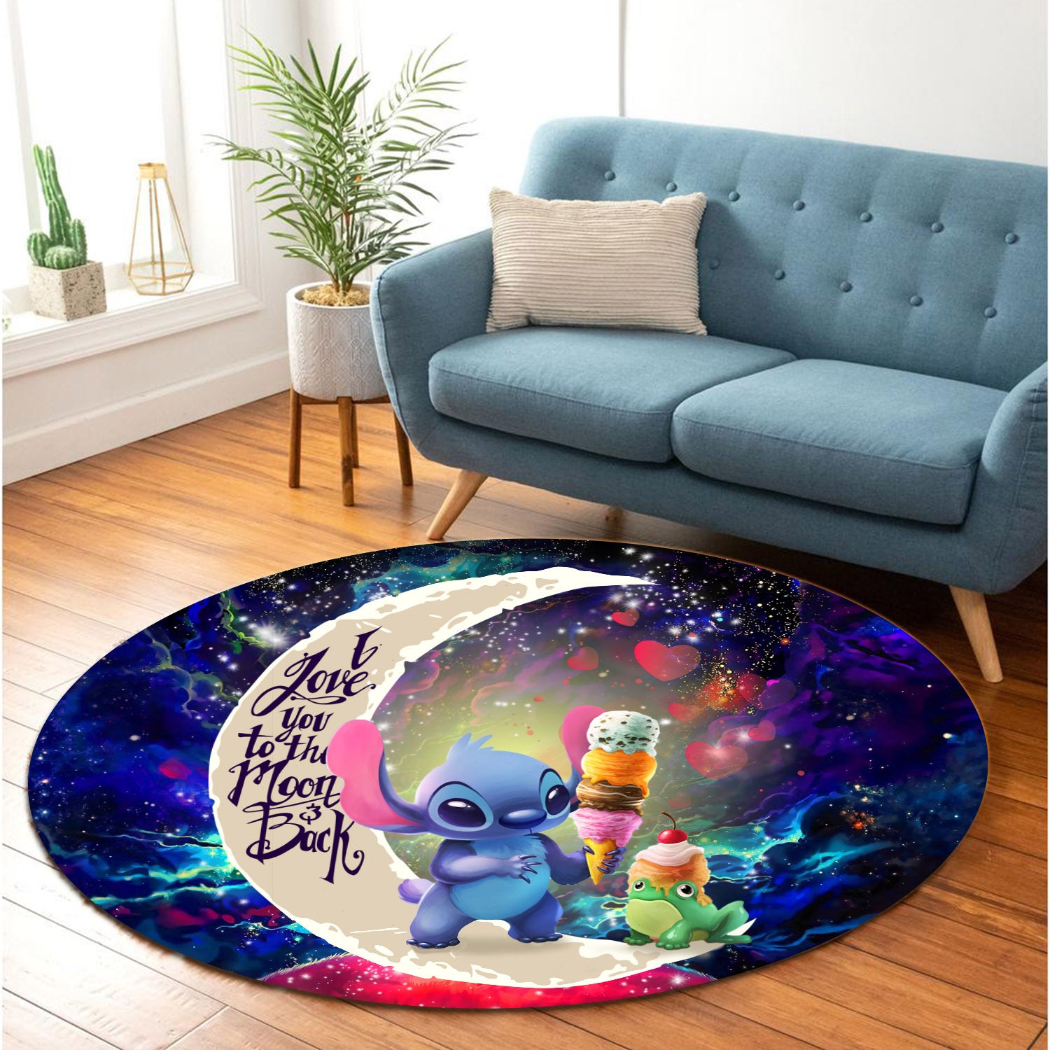 Cute Stitch Frog Icecream Love You To The Moon Galaxy Round Carpet Rug Bedroom Livingroom Home Decor Nearkii