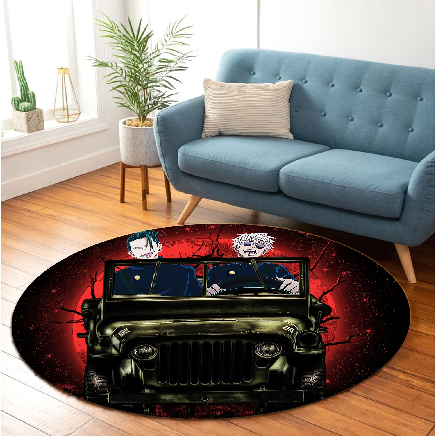 Gojo Geto Jujutsu Kaisen Ride Jeep Moonlight Halloween Round Carpet Rug Bedroom Livingroom Home Decor Nearkii