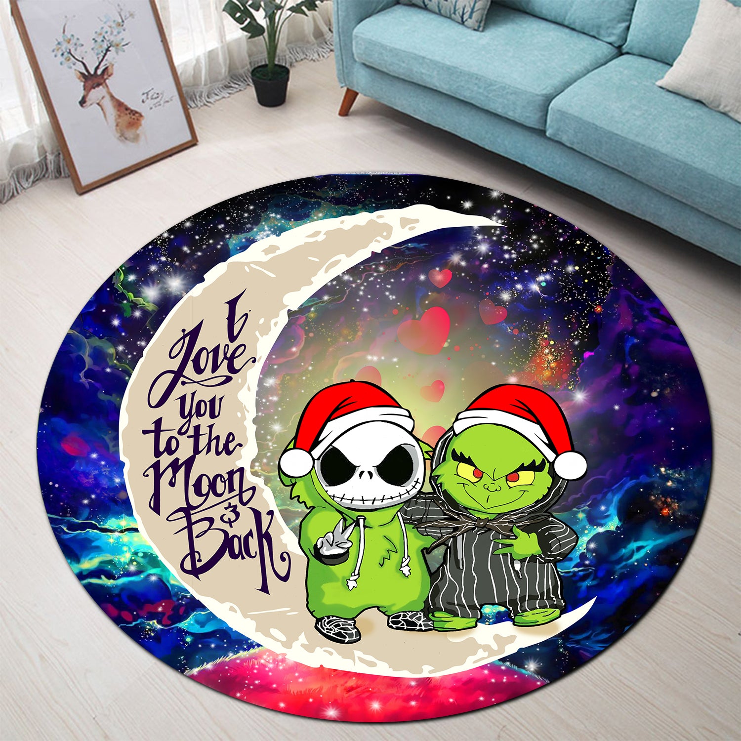 Grinch And Jack Nightmare Before Christmas Love You To The Moon Galaxy Round Carpet Rug Bedroom Livingroom Home Decor Nearkii