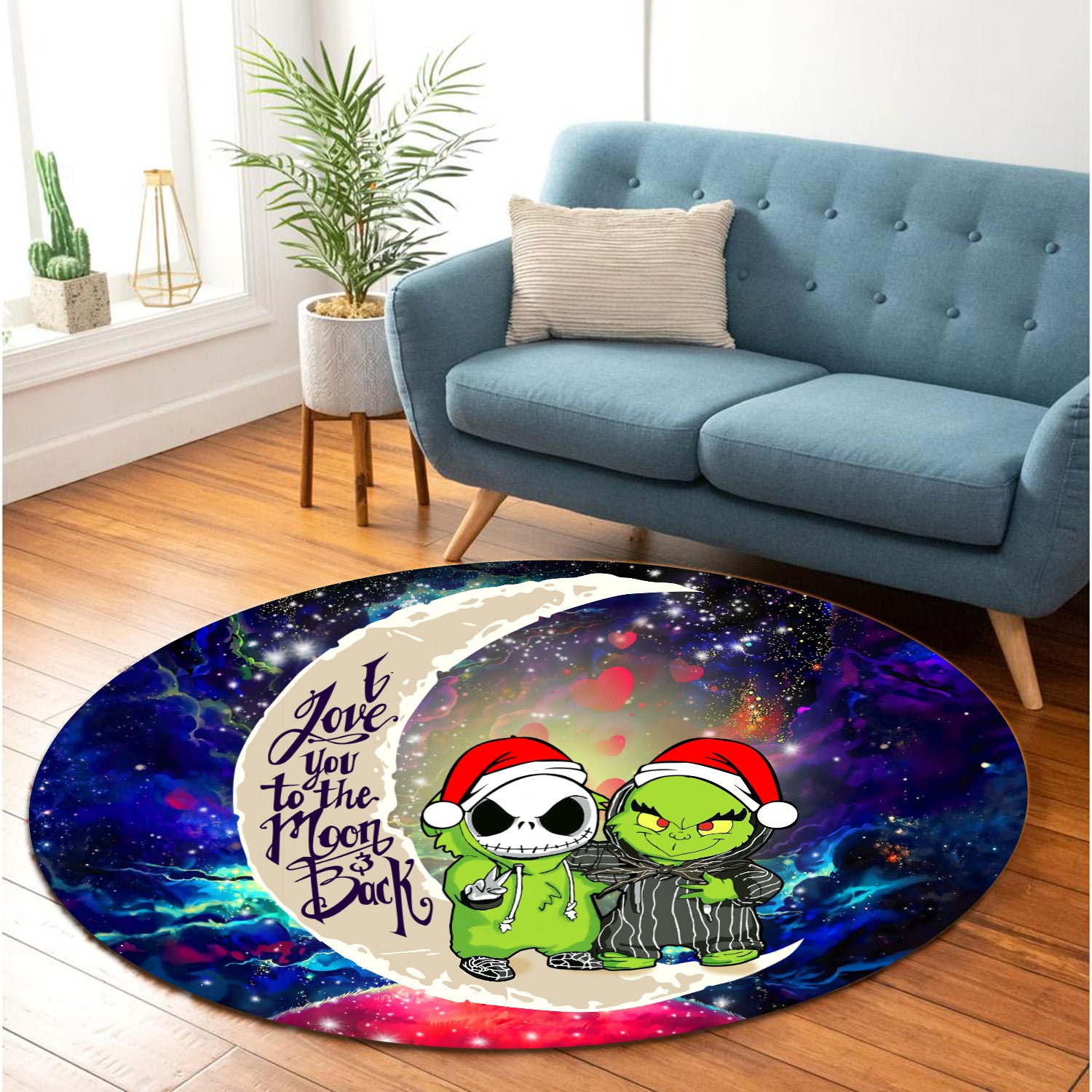 Grinch And Jack Nightmare Before Christmas Love You To The Moon Galaxy Round Carpet Rug Bedroom Livingroom Home Decor Nearkii
