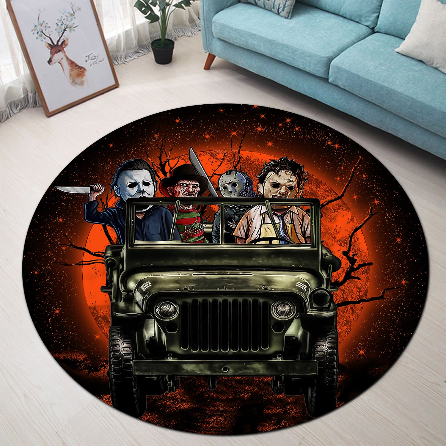 Halloween Horro Movie Ride Jeep Moonlight Halloween Round Carpet Rug Bedroom Livingroom Home Decor Nearkii