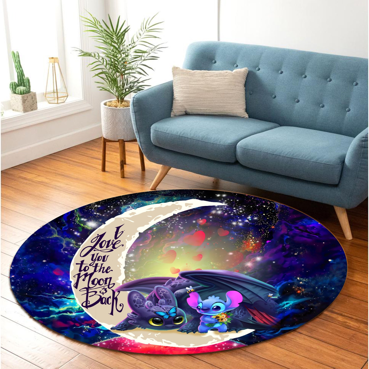 Stitch And Toothless Love You To The Moon Galaxy Round Carpet Rug Bedroom Livingroom Home Decor Nearkii