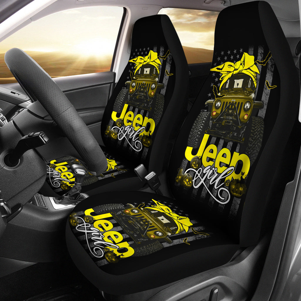 Halloween American Flag Yellow Jeep Girl Premium Custom Car Seat Covers Decor Protectors Nearkii