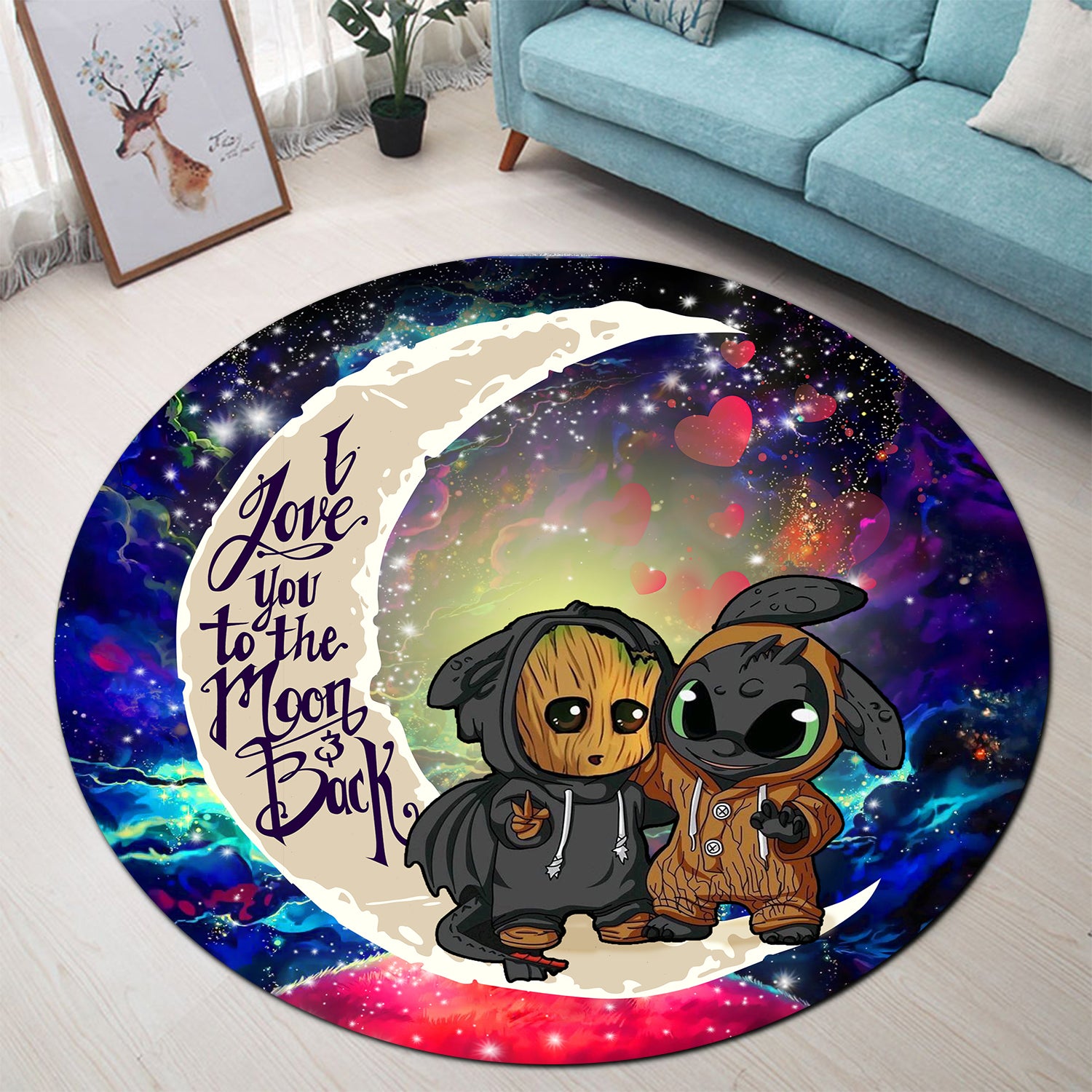 Groot And Toothless Love You To The Moon Galaxy Round Carpet Rug Bedroom Livingroom Home Decor Nearkii