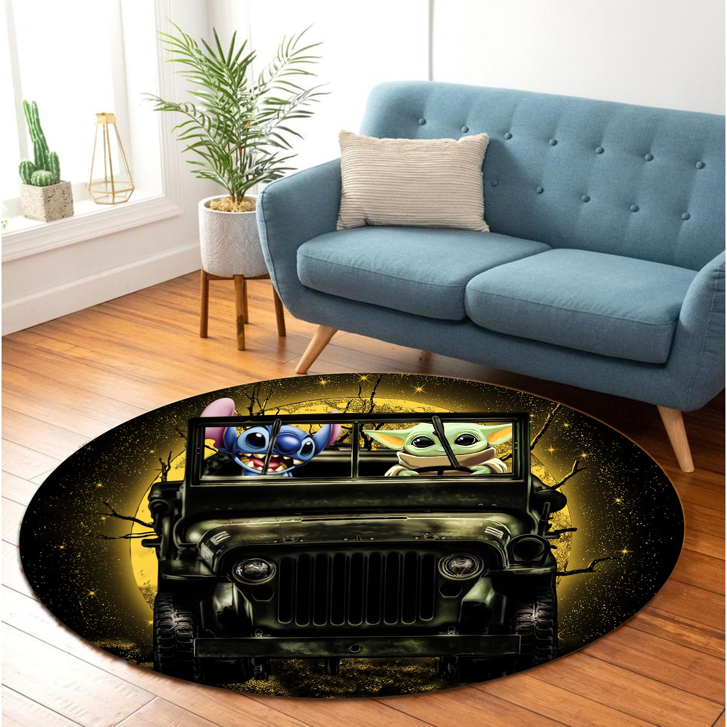 Stitch And Baby Yoda Ride Jeep Moonlight Halloween Round Carpet Rug Bedroom Livingroom Home Decor Nearkii