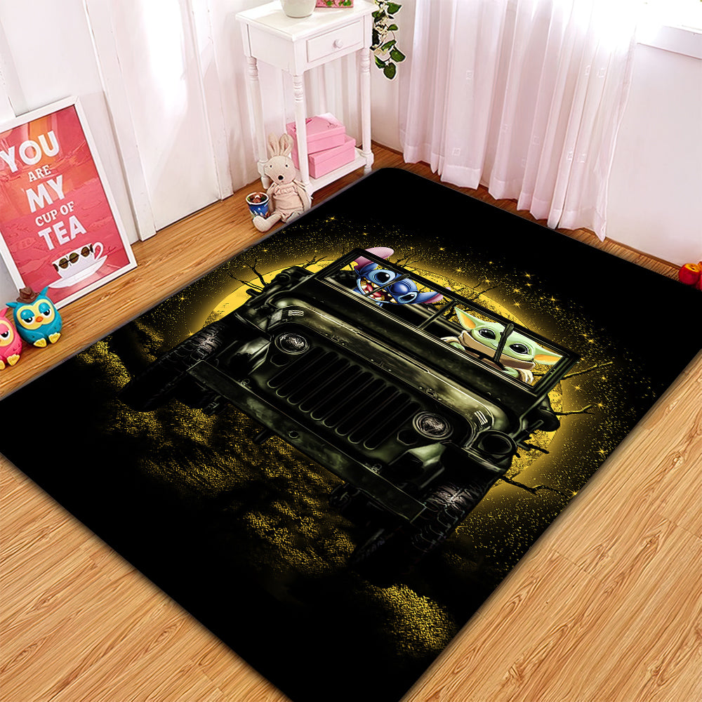 Stitch And Baby Yoda Ride Jeep Funny Anime Moonlight Rug Carpet Rug Home Room Decor Nearkii