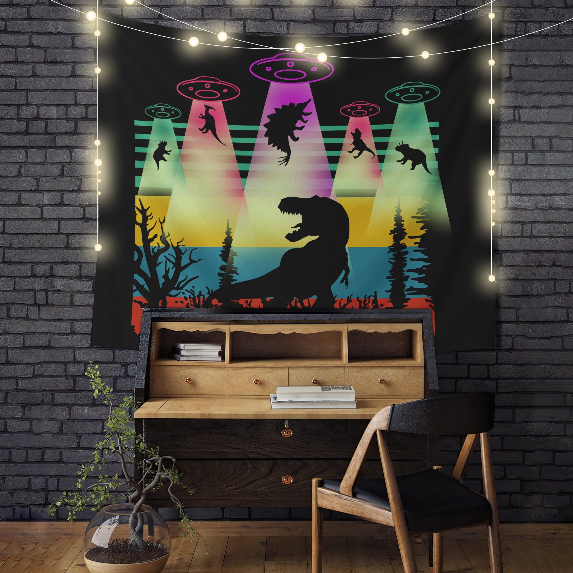 T-rex Dinosaur UFO Aliens Tapestry Room Decor Nearkii